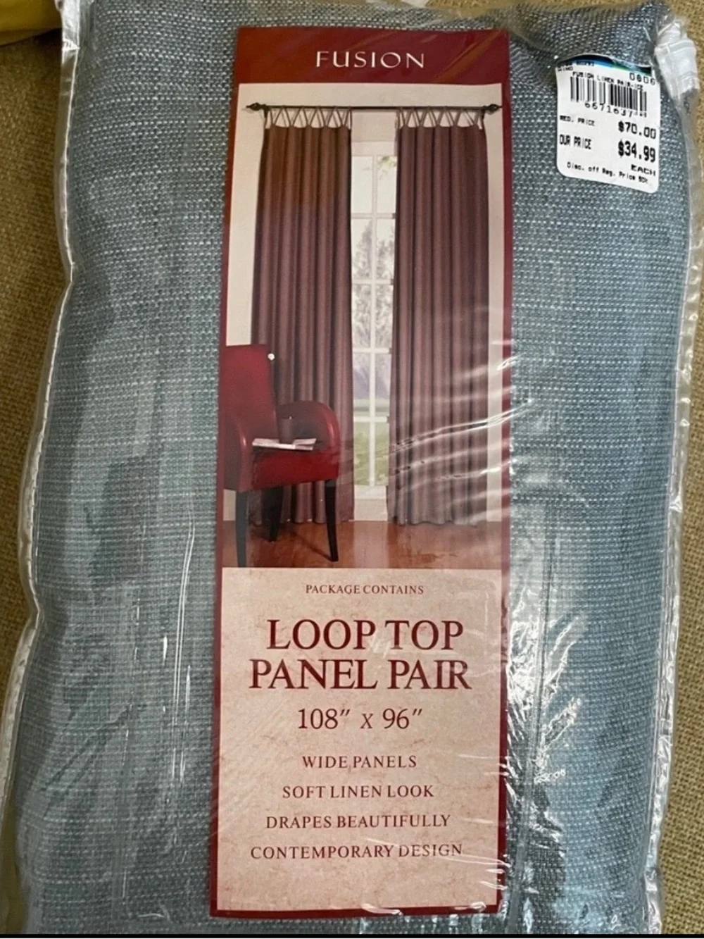 Fusion Loop Top Panel Pair Curtains - Linen Look Ice Blue 108